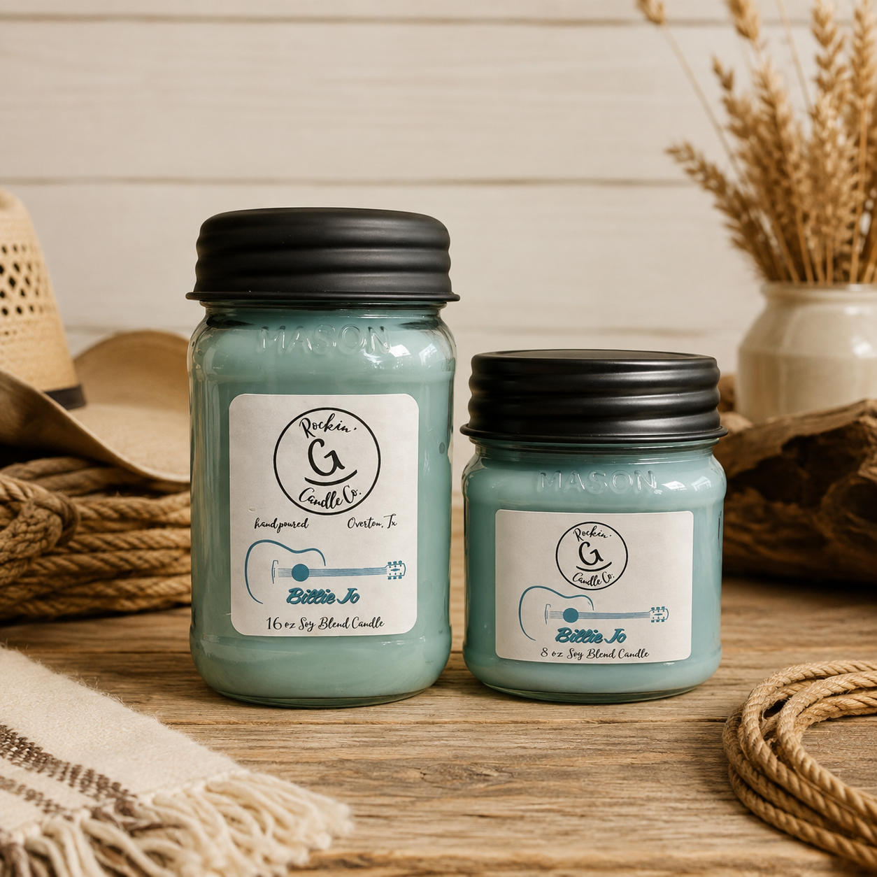 Rockin' G Candle Co. Billie Jo candle collection with 8 oz and 16 oz mason jar candles
