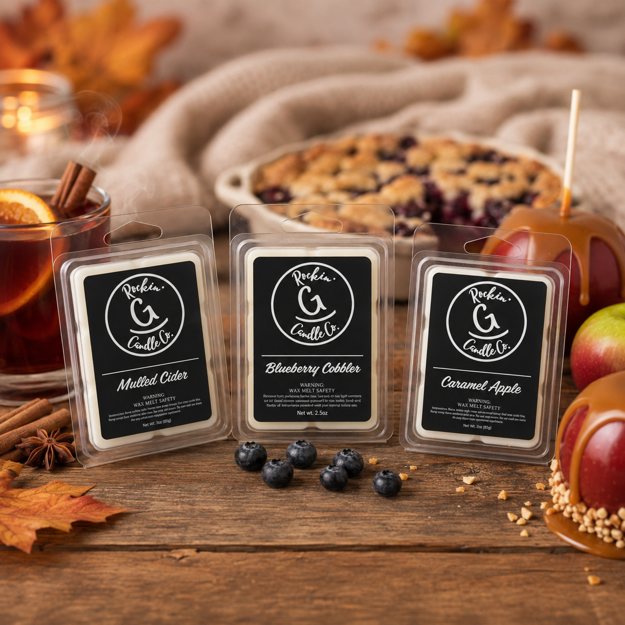 Rockin' G Candle Co. fall wax melts collection featuring Mulled Cider, Blueberry Cobbler, and Caramel Apple