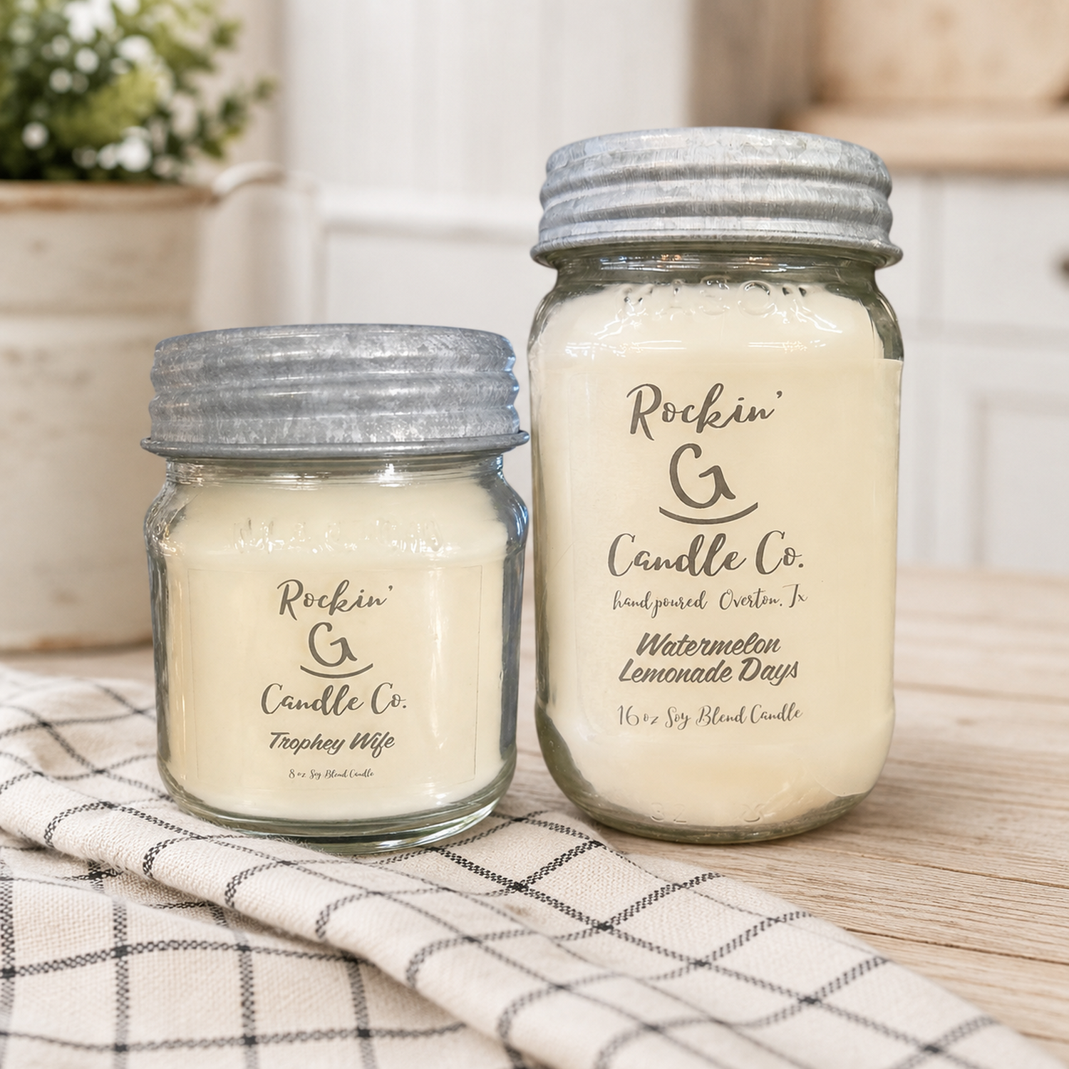 Trophy Wife 8 oz and Watermelon Lemonade Days 16 oz farmhouse mason candles
