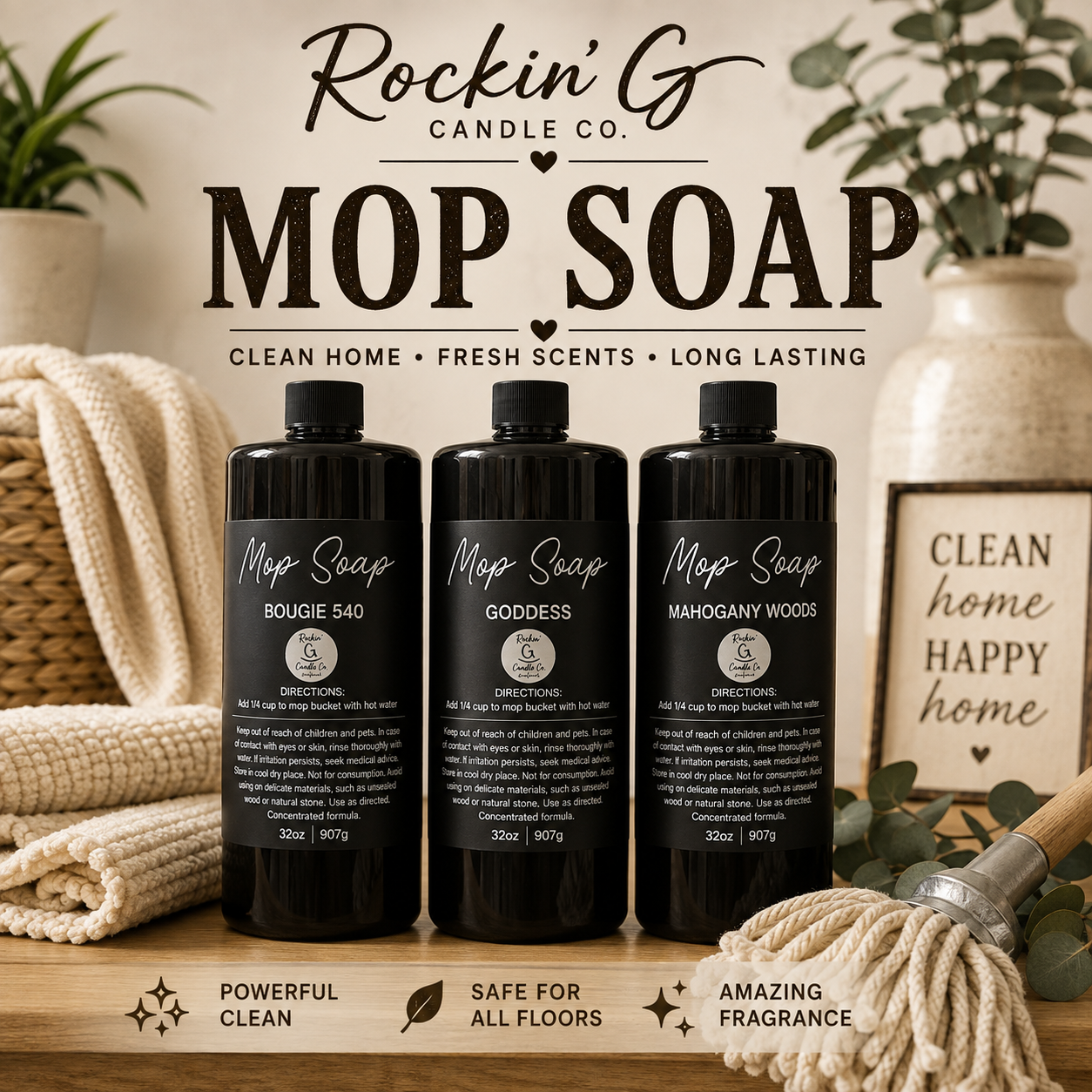 Rockin' G Candle Co. Mop Soap collection featuring Bougie 540, Goddess, and Mahogany Woods