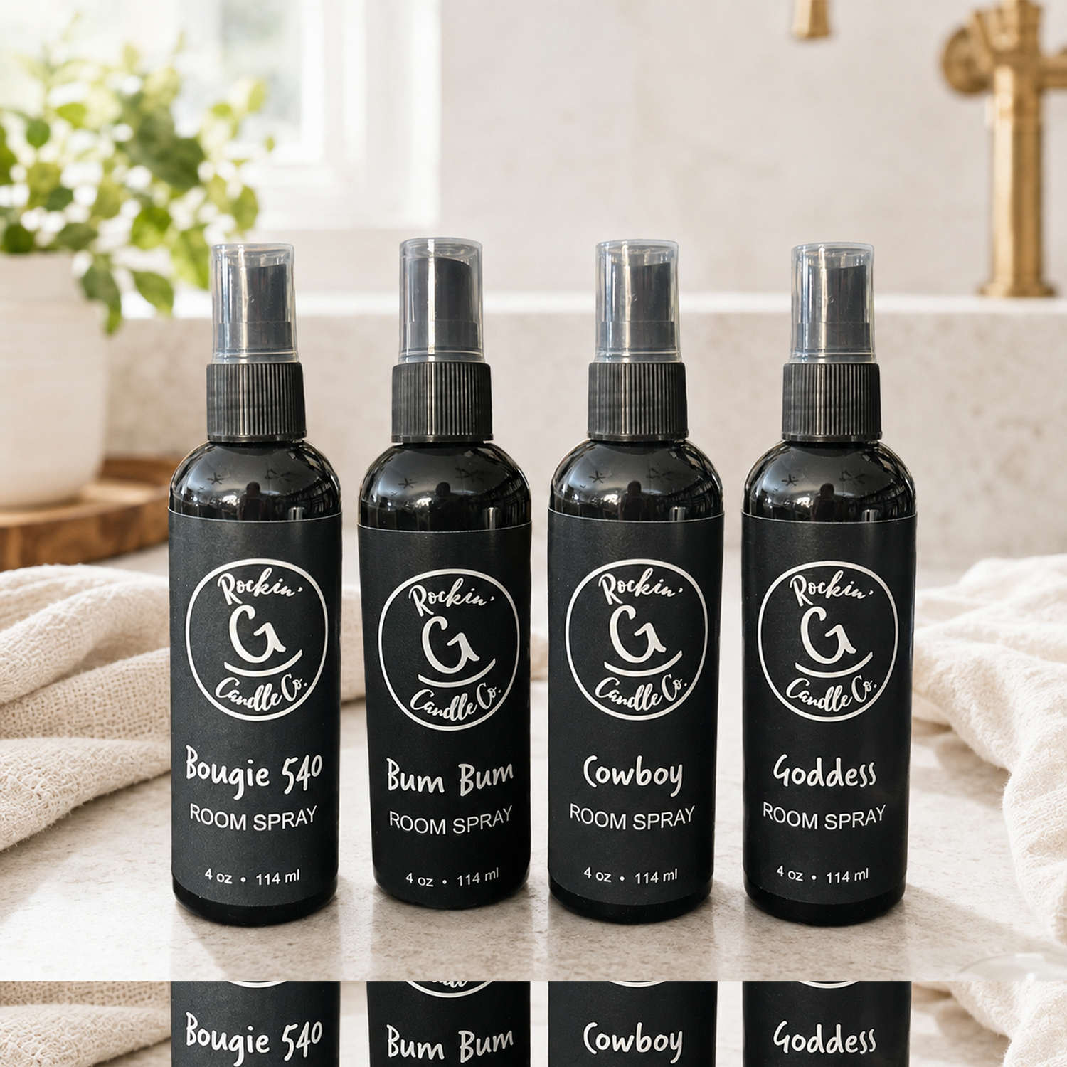 Bougie 540, Bum Bum, Cowboy, and Goddess 4 oz room sprays